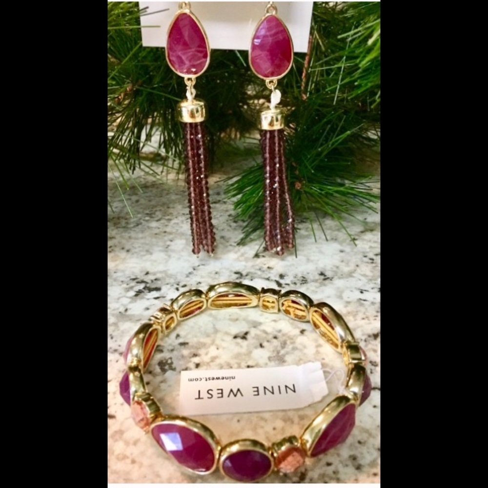 NINE WEST Gold/Burgundy Bracelet Earring Set New!